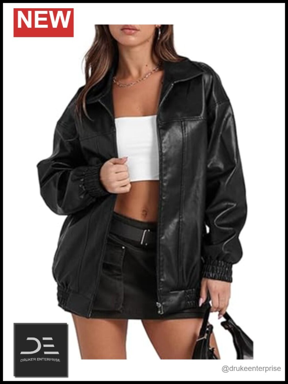 Oversized Faux Leather Jacket Zip Up Long Sleeve PU Coat Moto Biker Bomber